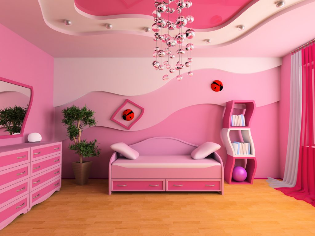Pink children's room with a sofa 3d image